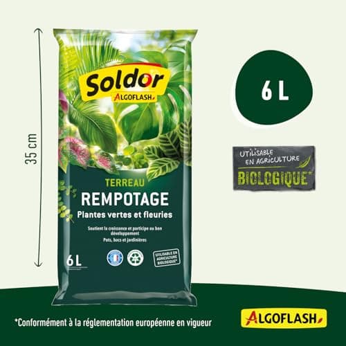 ALGOFLASH Terreau Rempotage Plantes Vertes et Plantes Fleuries, UAB, Prêt à l'Emploi, Fabriqué en France, 6 L,TREMP6