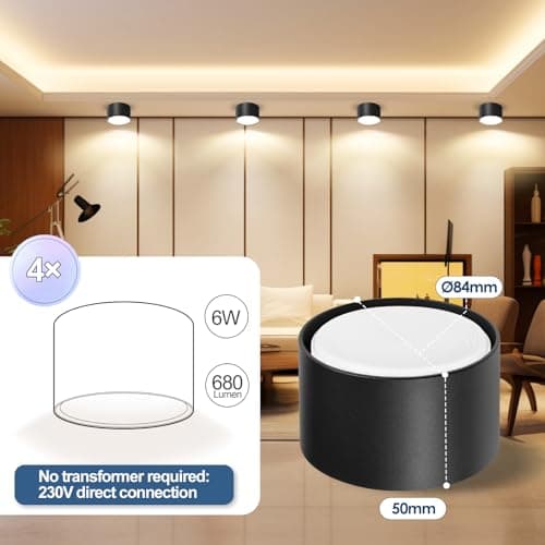 GeyouLux 4x Spots de Plafond Noir - Ø84x50mm - 6W 680LM Spot LED - 3000K LED GX53 230V Inclus - Angle du faisceau 180° - Aluminium Luminaire Plafonnier