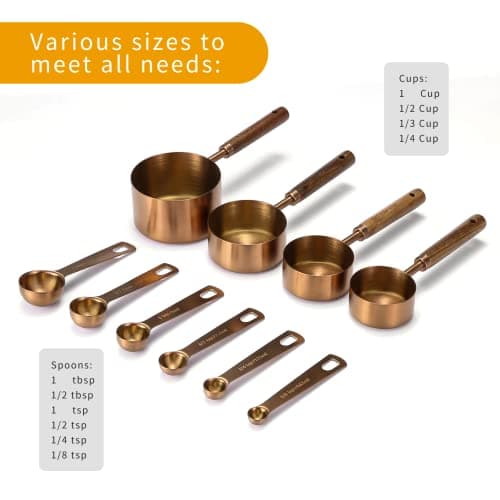 Home Bay Measuring Cups and cuillers Set,10 pièces avec manche en bois, revêtement de titane acier inoxydable, Or Rose (Couleur or rose)
