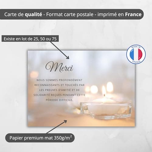 Lot de 75 Cartes + 75 Enveloppe Blanches - Cartes Remerciement Deuil - Condoléances Décès Obsèques ou Enterrement - Papier Mat de Qualité Format Carte Postale (14,8 X 10,5 cm) - Design Sobre & Élégant