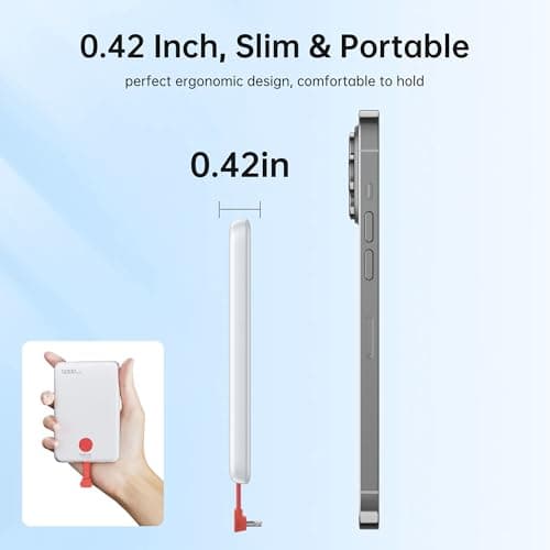 Magnétique Batterie Externe Ultra Mince, 5000mah Power Bank Slim Ultra avec Câbles Intégrés, USB C 20W Charge Rapide, Universel Chargeur Externe Portable pour iPhone 16 15 14 13 12 Pro Max, Samsung