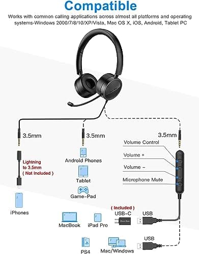 New bee Casque PC Filaire avec Micro Casque USB/3,5 mm Annulation du Bruit & Son Stéréo Clair Oreillette Business pour SoftPhone Skype en Ligne Centre d'appels Téléphoniste(1 pièce)
