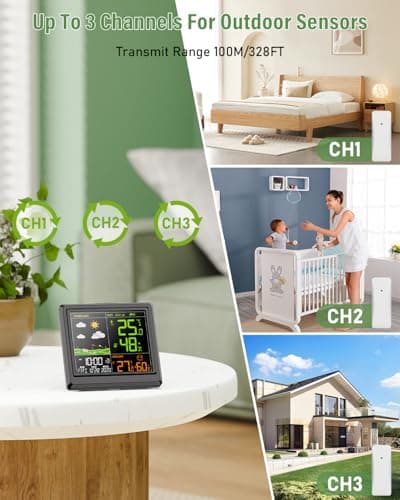 Station Météo Interieur Exterieur Sans Fil | Hygromètre Thermomètre Numérique Intérieur et Extérieur | Avec Horloge Numérique Alarme | Ecran LCD Couleur Rétro-Éclairé | Prévisions Météo | Noir