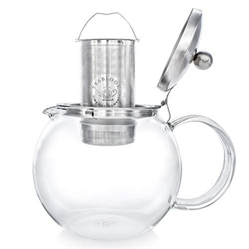 Teabloom Théière en verre compatible avec la cuisinière avec infuseur amovible (1200 ml) et quatre tasses en verre à double paroi (150 ml) – Service à thé Classica