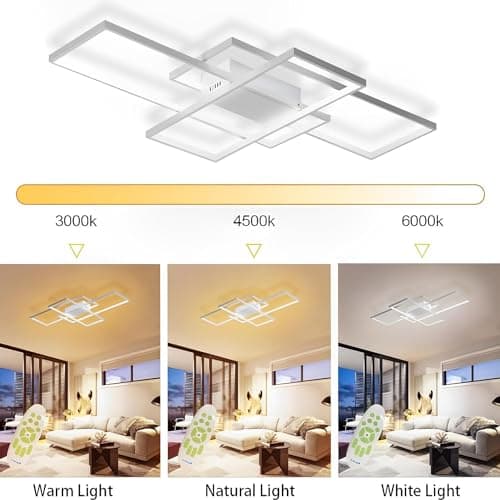 Luminaire Plafonnier LED Dimmable Salon Lustre 3000K-6000K, Avec Télécommande Moderne Plafond Rectangulaire Design 65W Applicable à Salon, Cuisine, Chambre (White, 105cm)