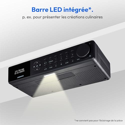 Radio de Cuisine encastrable MEDION E6660 (Radio de Cuisine Dab+, Radio FM PLL, Bluetooth, Barre Lumineuse LED, encastrable, minuterie de Cuisson, Affichage de l'heure) Noir
