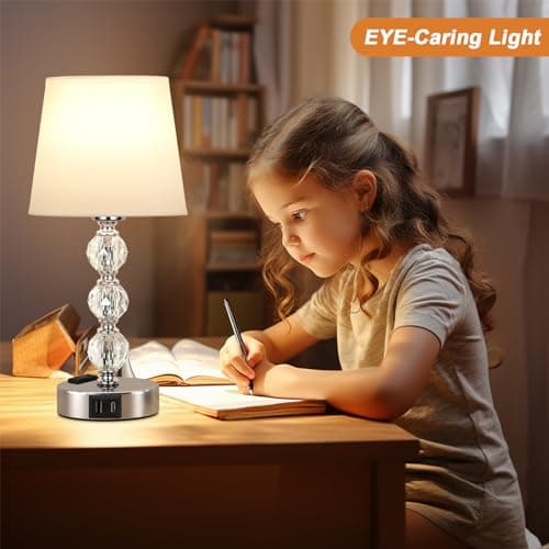 Kakanuo Lampe de Chevet Tactile avec Ports USB-A+C+Prise CA, 3 Intensité Variable, Lampe en Cristal Lot de 2, Abat-jour Blanc, Lampes de Table pour Chambre Salon D'enfant Bureau (Ampoules Incluse)