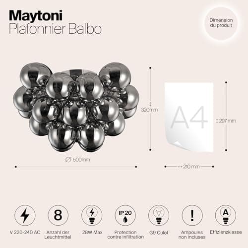 MAYTONI DECORATIVE LIGHTING Lustre plafond, style Moderne, raccords en métal couleur nickel, plafonds en verre couleur fumée, ampoules de plafond pour bas non incluses, 8x G9, 28W