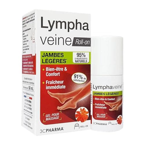 LYMPHAVEINE Roll-on | Gel Rafraîchissant pour Circulation Veineuse et Lymphatique | Jambes Légères et Bien-Être Instantané | Flacon de 50 ml avec Bille Massante - 3C PHARMA