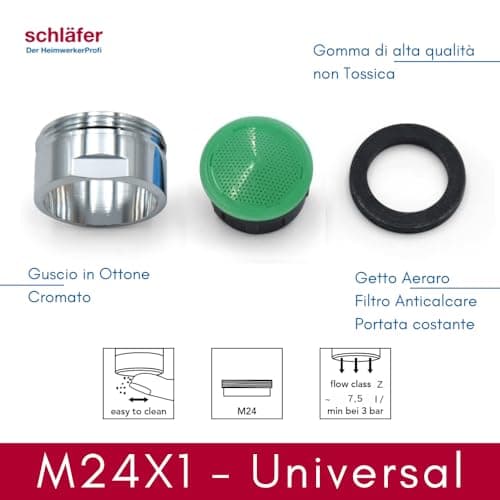 Schläfer | 10016 - Aérateur Robinet M24, Mâle Fendeuse, Universelle Perlator DL pour Jet Doux, Filetage M24X1, Débit B 7 l/min, Régulateurs de Débit pour Robinet, 2pcs