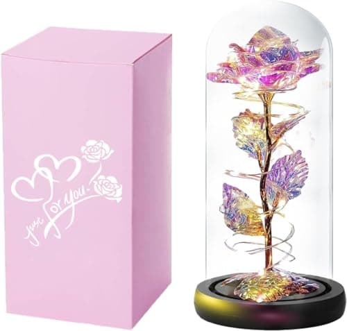 ELEUTH Rose Eternelle sous Cloche, La Belle et la Bête, Rose Fleur de Noël, Dôme Verre Rose Éternelle avec Lumière LED, Cadeau pour la Fête des Mères Saint-Valentin Fête Anniversaire Mariage