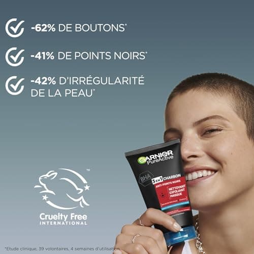 Garnier Pure Active - Nettoyant 3 En 1 - Nettoyant, Exfoliant, Masque - Réduit Les Points Noirs & Prévient Leur Apparition - BHA & Charbon - Vegan & Cruelty Free - Peau Mixtes à Grasses - 150 ml