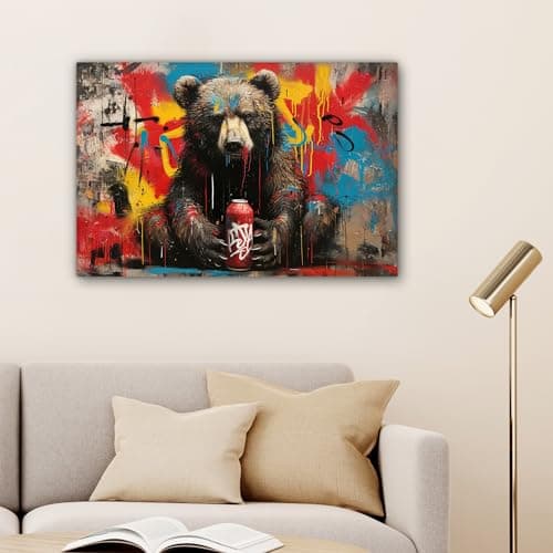 MuchoWow© Impression sur Toile Decoration Murale Peinture 60x40 cm Tableaux Decoratifs Muraux Déco Chambre Tableau Salon Graffiti - Ours - Bouteille - Mur - Street art - Banksy