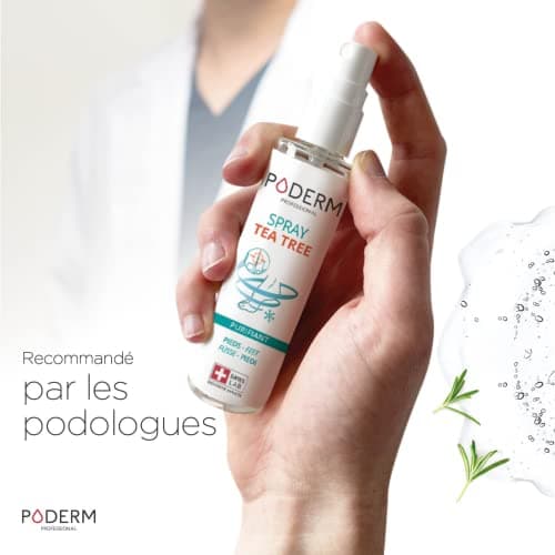 PODERM - MYCOSE PIEDS ATHLETES SPRAY TEA TREE 3en1 | Désodorisant (anti odeur), anti transpirant et purifiant | Élimine 99,9% des champignons | Soin professionnel pied | Facile & rapide | Swiss Made