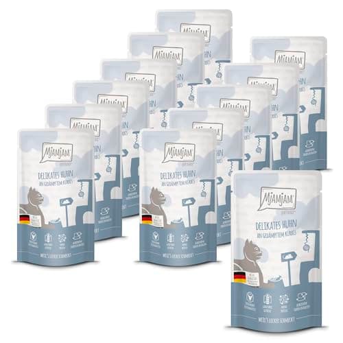 MjAMjAM - Premium Nourriture Humide pour Chats - Quetschie - Poulet délicat au potiron cuit à la Vapeur, Paquet de 12 (12 x 125 g), sans céréales avec Extra Viande