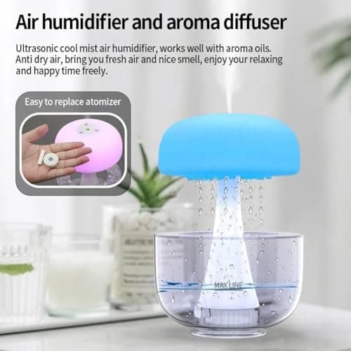 AMIUHOUN 1 PCS Humidificateur Champignon avec Lampe Lumineuse Méduse - Veilleuse, Sons de Pluie Diffuseur de Bruit Blanc Autonomie 24H, 700ML
