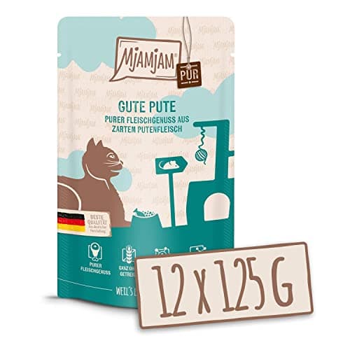 MjAMjAM - nourriture humide premium pour chats - Quetschie - pur plaisir de la viande - bonne dinde pure, pack de 12 (12 x 125 g), sans céréales avec supplément de viande