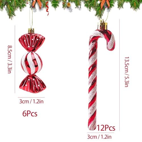 Focenat 18 Pcs Canne de Bonbons Plastique de Noël, Sucre d'orge pour Sapin Noël, Suspendus Candy Cane, Ornements de Sapin Noël, Pendentif de Noël de Décorations (Rouge)