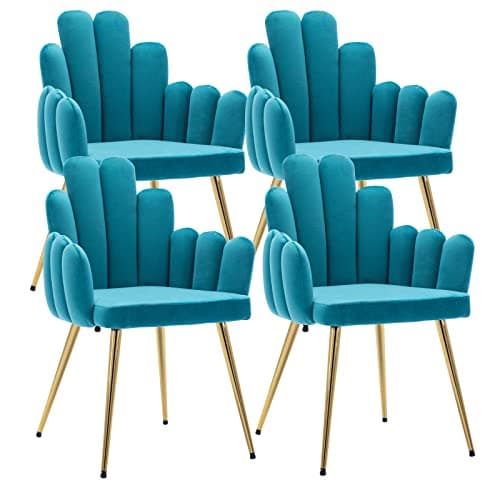 Wahson Chaise de Salle à Manger Lot de 4, Chaise Salle à Manger en Velours, Chaise de Salon Moderne avec Accoudoir et Pied Doré, Chaise de Cuisine pour Restaurant et Salle à Manger, Bleu