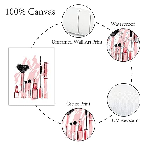 CREATCABIN 4pcs Mode Toile Mur Art Imprimer Affiche Ensemble Rose Talons Hauts Fleurs Parfum Maquillage Maison Mur Art Oeuvre Moderne pour Dressing Chambre Salle Bains Filles 8 x 10 Pouces