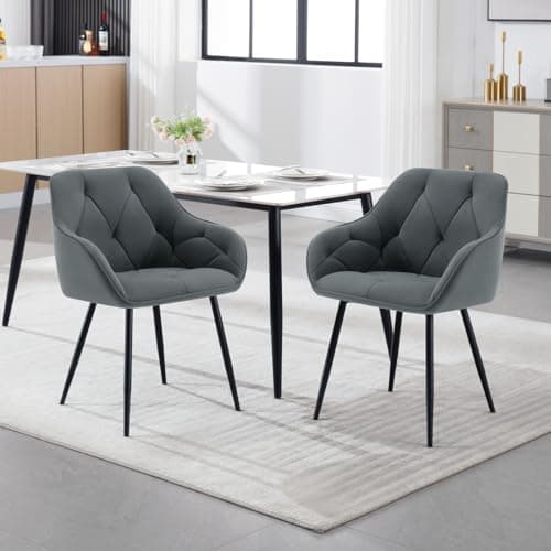 WOLTU Lot de 4 Chaises de Salle à Manger, Chaises de Cuisine Rembourrées avec Dossier, Accoudoirs, Pieds en Métal, pour Salon, Bureau, Coiffeuse, en Velours, Gris foncé, EZS02dgr-4