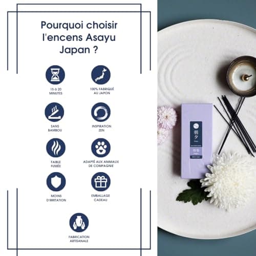 Asayu Japan Set de Bâtons d'Encens à Faible Fumée au Parfum de Lotus et Bois de Santal (40g), Fabriqués au Japon, Idéal pour Le Yoga et Méditation