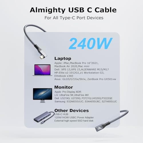90degrés USB C 3.2 d'extension Câble 20Gbps, USBC 3.2 Gen2 Type-c Male to Female Extender Cable Ultra 4K@60Hz 240W Charging 20Gbps Data Transfer with SSD eGPU (90degrés extension 20G 240W -1M)