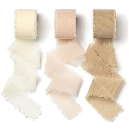 AOKSUNOVA Ruban Beige 18,9 m x 2,5 cm Ruban en Mousseline de Soie Ruban Cadeau Ruban en Tissu de Mariage Ruban à Franges