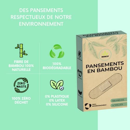 Pansements Hypoallergéniques en Bambou - Enfants ou Adultes - Sans Latex, sans Plastique - Peaux sensibles ou normales - 100% Biodégradables - 100 pièces - 4 tailles