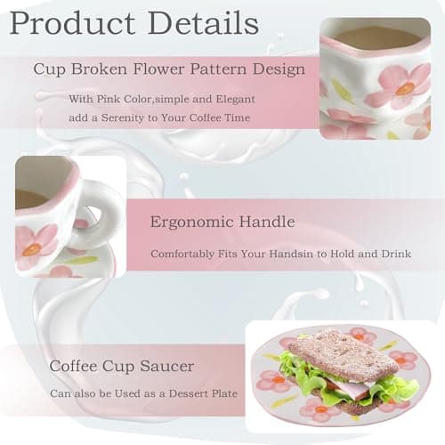 Disoza Set de Tasses à Café Avec Soucoupe Douces Fleurs Tasse Cadeaux d'Anniversaire Pour Les Femmes Tasse à Café avec Soucoupe 250 ML Céramique Tasse Cadeau d'Anniversaire Pour Les Femmes Fille Maman