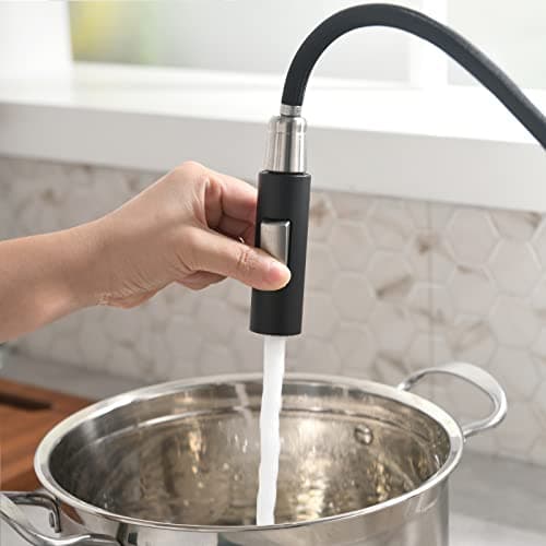 TIMACO Robinet de cuisine noir haute pression extensible pivotant à 360 °, mitigeur de cuisine avec douchette, deux motifs d'écoulement