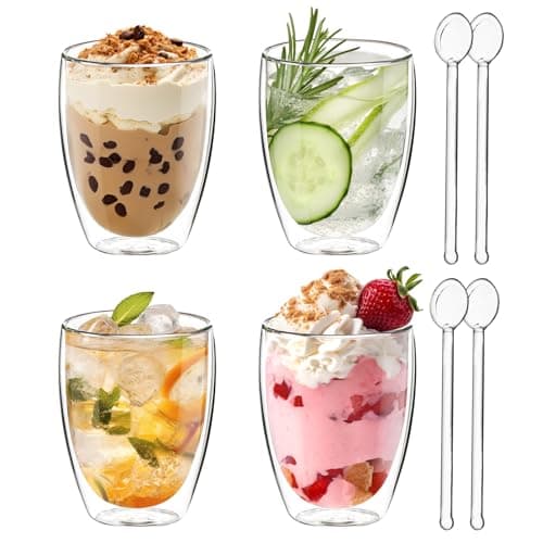 Joeyan Lot de 4 Tasse à Café Épais à Double Paroi, 350ml Verres à Expresso avec Cuillères en verre, Transparent Borosilicaté Isolation,Verres Thermiques à Effet Flottant,pour Latte,Bière,Lait,Thé