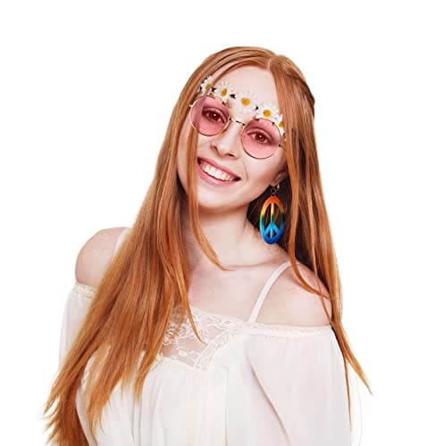 Balinco Ensemble 3 pièces hippie avec bandeau à fleurs | lunettes de soleil rondes en nickel avec verres roses | boucles d'oreilles arc-en-ciel peace
