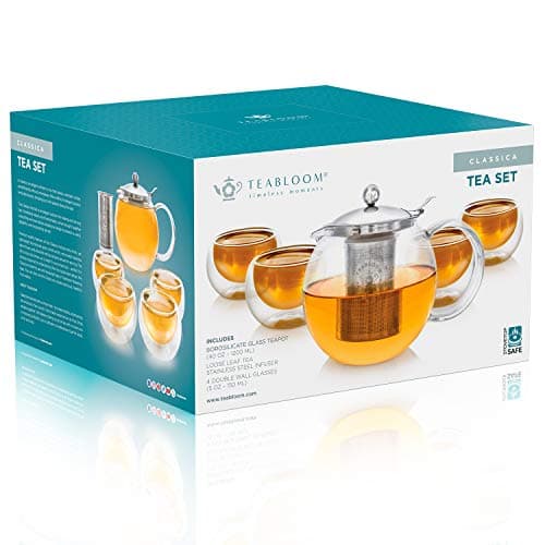 Teabloom Théière en verre compatible avec la cuisinière avec infuseur amovible (1200 ml) et quatre tasses en verre à double paroi (150 ml) – Service à thé Classica