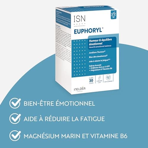 ISN - Euphoryl®- Complément alimentaire à base de Safran, Magnésium Marin et Vitamine B6 - Bon équilibre émotionnel - Vitalité - 90 gélules végétales - Cure 30 jours