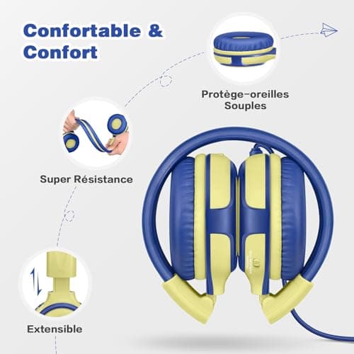 SIMOLIO Casque Filaire pour Enfants<94dB Protection auditive, Casque Enfant Supra-auriculaire avec Port de Partage et Microphone intégré pour garçons et Filles