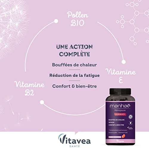 Manhaé - Ménopause Gummies - Complément alimentaire ménopause sans hormones - Bouffées de chaleur, fatigue, bien-être - Pollen BIO, Vitamine E, Vitamine B2-60 gummies saveur fruits rouges - 1 mois