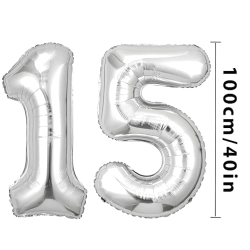 Ballons Anniversaire 15 Argent - 100cm - Ballon Chiffre 15 Numéro 15 - Happy Birthday Decoration Ballons Fête d'anniversaire Ans Vole Grâce à l'Hèlium 15