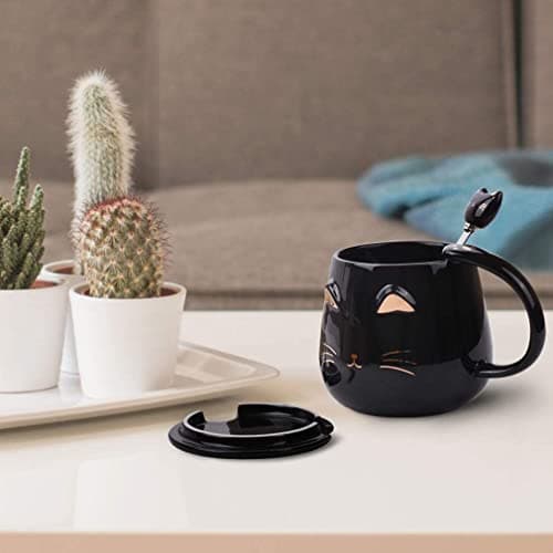Sevitini Tasse de chat, Tasse a cafe avec cuillère y couvercle, céramique kawaii Mug avec chat, 450ml, Tasses à café, pour les amateurs de chatons,Cadeau de Noël ou d'anniversaire (Noir)