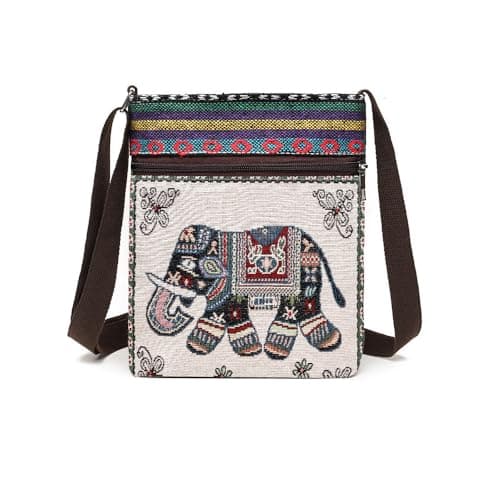 Qiwenr sac bandoulière brodé, Sac bandoulière éléphant, Crossbody-Sac en Toile pour, sac à bandoulière brodé à la main, Sac de transport éléphant,Sac cabas éléphant, Sac Style ethnique brodé, Sac