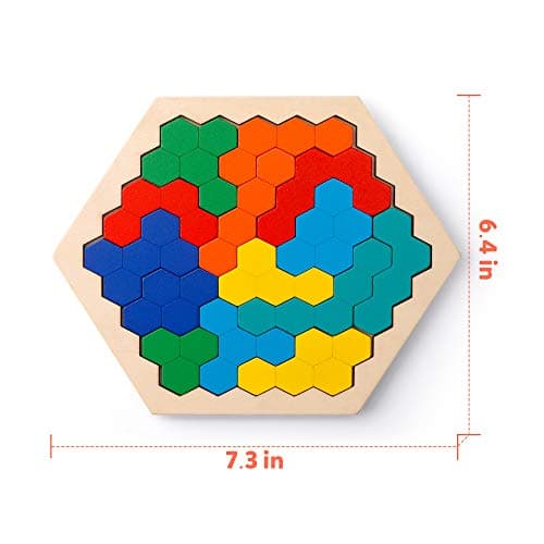 Coogam en Bois Hexagone Puzzle - Forme Bloc Tangram Casse-tête Jouet Géométrie Logique IQ Jeu STEM Montessori Cadeau Éducatif pour Tous Les Ages Défi