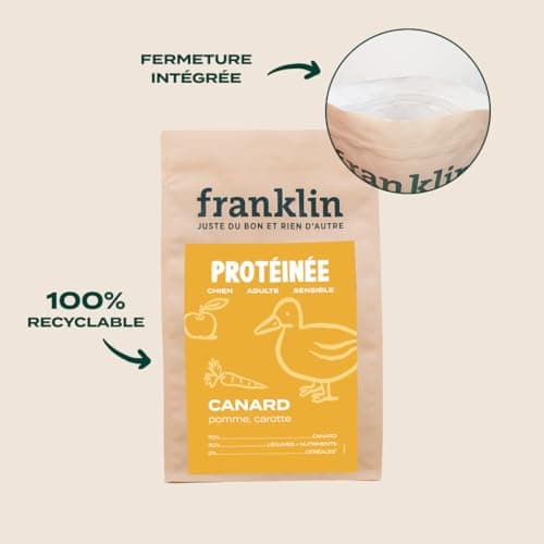Franklin – Nourriture pour Chien sans Céréales – Gamme Protéinée – avec 70% de Canard – Mono-protéine – Digestion Facile – Forme Ronde 13mm – 2,5kg