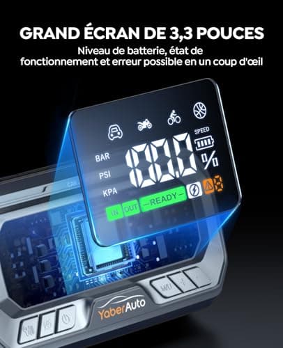 Booster Batterie Voiture avec Compresseur 6000A 160PSI YaberAuto Booster Batterie Moto avec 65W Charge Rapide (Tous Gaz/12,0L Diesel),Démarreur avec Gonfleur,Câble Rallongé,Grand Écran et Lumière LED