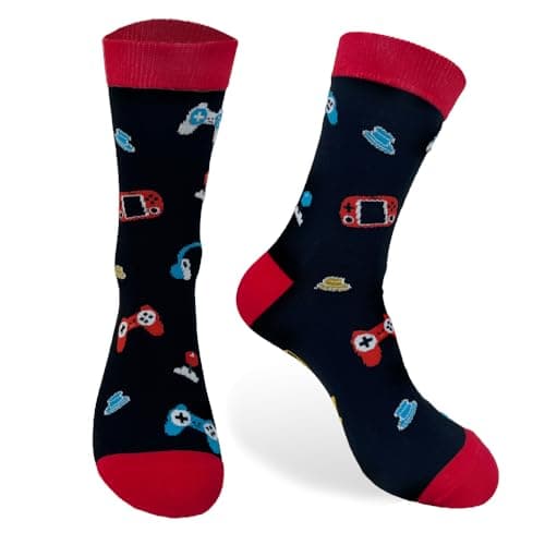 FLYWIND Chaussettes Humoristiques Homme 43-46 Cadeau Homme Chaussette Fantaisie Humour Rigolo Drôle Anniversaire Noël Papa (FR/ES, Numérique, 43, 46, Taille normale, Taille normale, ROUGE-JEUX)