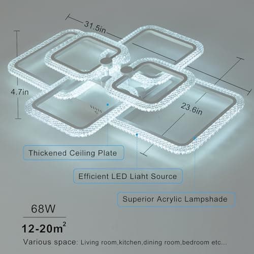 HIHIHOMY Plafonnier Moderne Lampe De Plafond, Avec 6 Cadres Carrés En Cristal En Acrylique, Intensité Variable Avec Télécommande, 3000 K-6500 K, Luminaire Plafonnier Led Metal Encastré Pour Cuisine