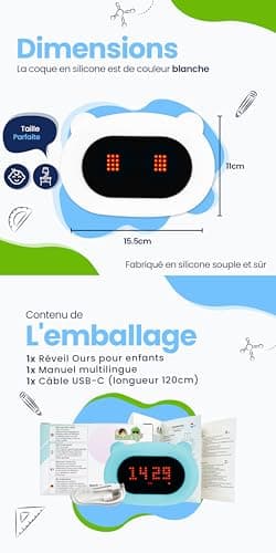 Kadoing® Réveil Enfant Ours - avec Expressions Visages et Fonction de Tapotement - Lumière de Réveil - Entraîneur de Sommeil - Veilleuse - Réveil Jouet Numérique