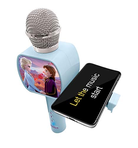 Lexibook- Microphone Bluetooth La Reine des Neiges 2 Elsa Anna Olaf avec Fonction Changement de Voix, Porte-téléphone Inclus, Enceinte intégrée, Bleu, MIC240FZ