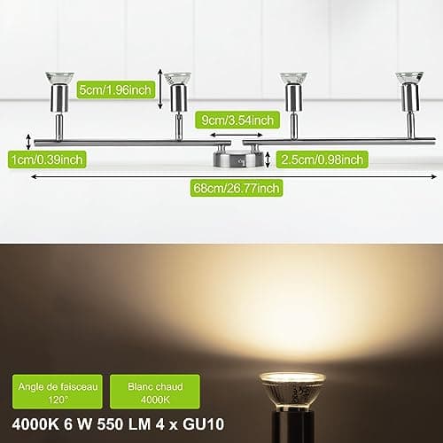 Bojim Plafonnier LED 4 Spots Orientables Pivotants, Nickel Mat Éclairagede Plafond pour Cuisine, Salon, Chambre, 4 x Ampoules LED GU10 incl (6W, 550lm, 4000K Lumière Blanche, Non Dimmable)