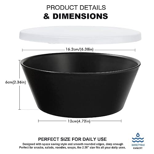Greentainer Lot de 6 Grands Bols avec Couvercles 750 ml - Bols Alimentaires Incassables pour Salade, Soupe, Céréales - Micro-ondes & Lave-vaisselle - Noir
