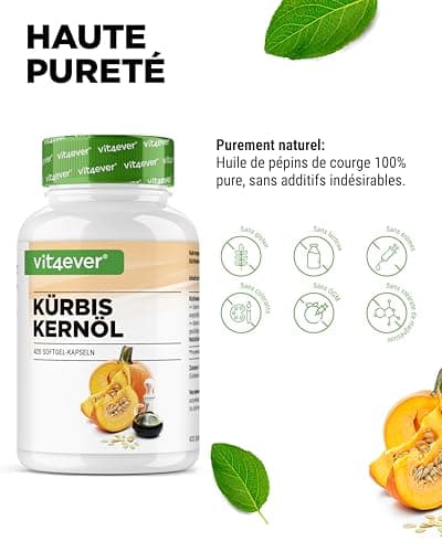 Huile de pépins de courge - 420 capsules - 3000 mg par portion journalière - Avec vitamine E naturelle - Hautement dosée - Naturelle et pressée à froid